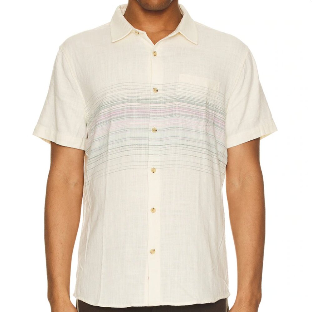 Marine Layer Resort Short Sleeve Stretch Selvage Shirt, natural multi stripe, L